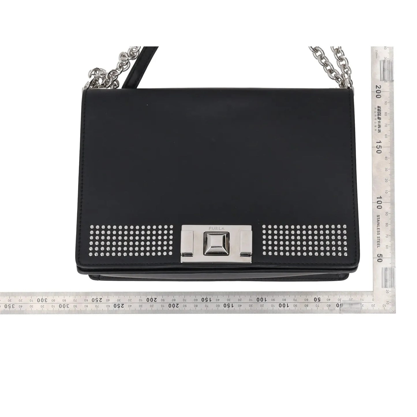 FURLA Womens Shoulder Handbag Black Leather Chain Strap Silver Hardware M RRP250 — View 9