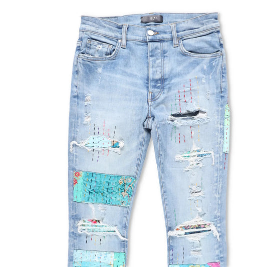 AMIRI Mens Skinny Jeans Blue Cotton Denim Embroidered Light Distressed 30 RRP890 — View 2