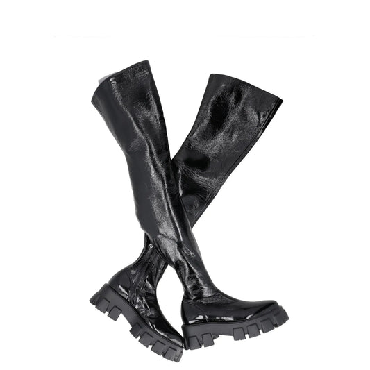 PRADA Womens Thigh High Boots Black Leather Shiny Chunky Sole UK 5 RRP 1600 — View 2