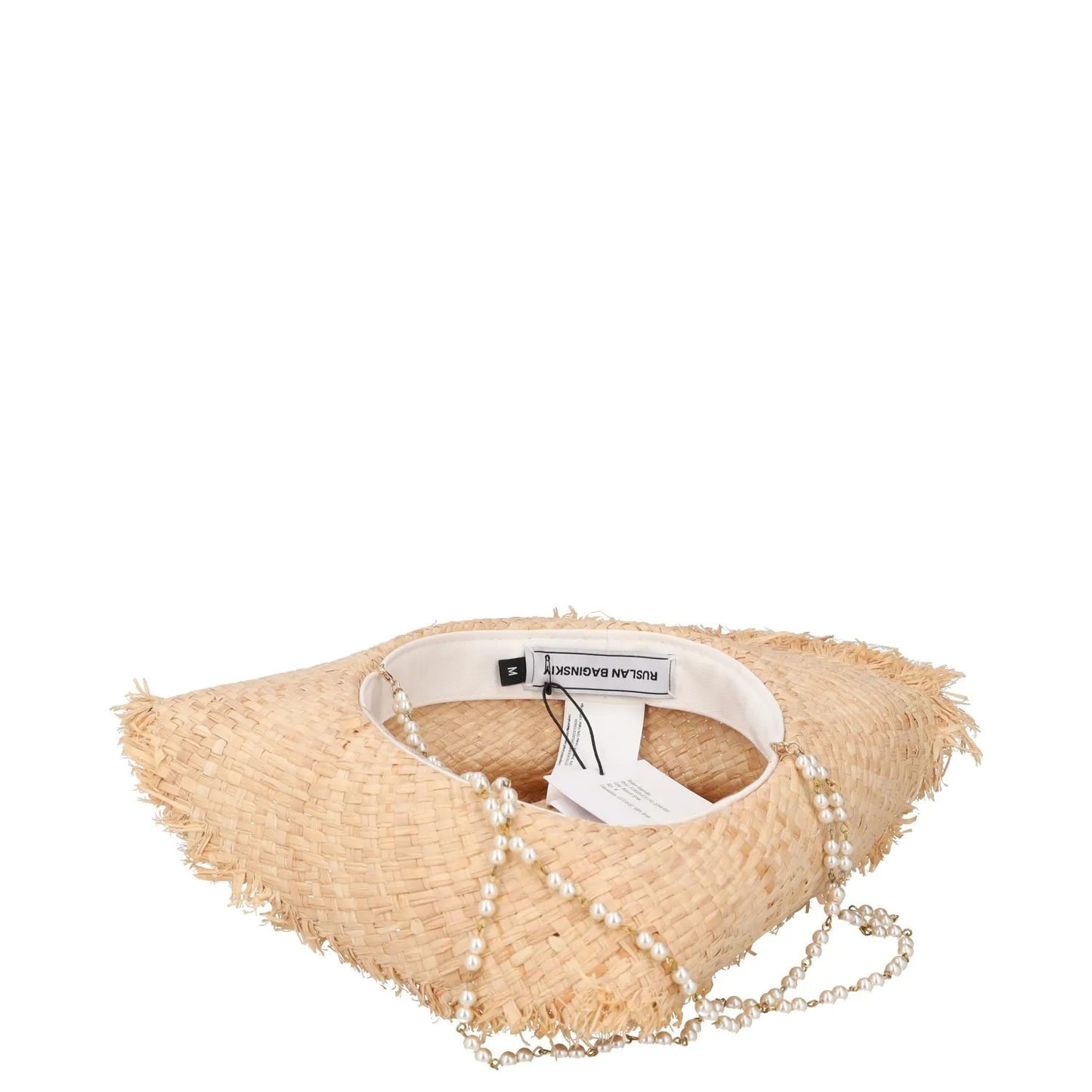 RUSLAN BAGINSKIY Womens Pearl Chain Frayed Fedora Hat Beige Neutrals M RRP 360 — View 9