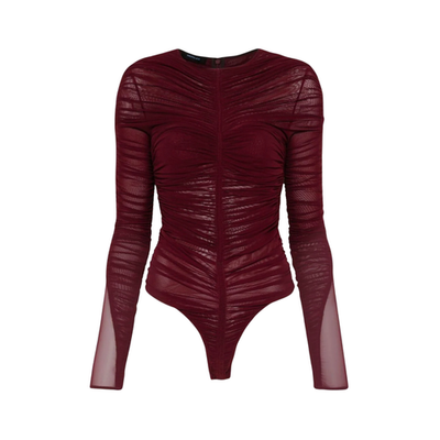 MUGLER Womens Bodysuit Crew Neck Long Sleeve Red Mesh Sheer Ruched 34 RRP 425
