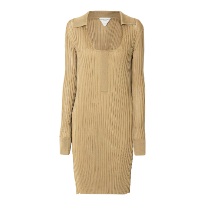BOTTEGA VENETA Womens Maxi Dress Silk Beige Striped Long Sleeve Scoop 38 RRP1800