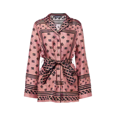 DOLCE & GABBANA Womens Dolce Allover Logo Blouse Belted Silk Pink 40 RRP 2100