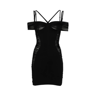 MUGLER Womens Mini Dress V-Neck Sleeveless Black Ruched Size 40 RRP 1475