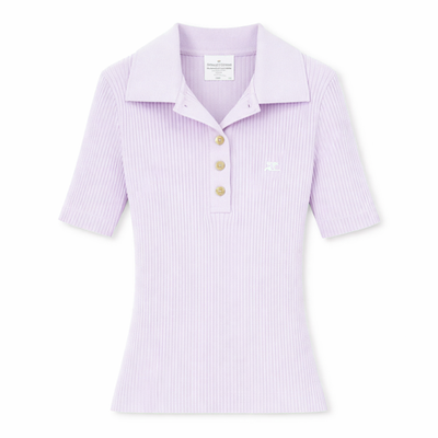 COURREGES Womens Rib Knit Polo Basic Blouse Purple Collared Buttoned L RRP 440