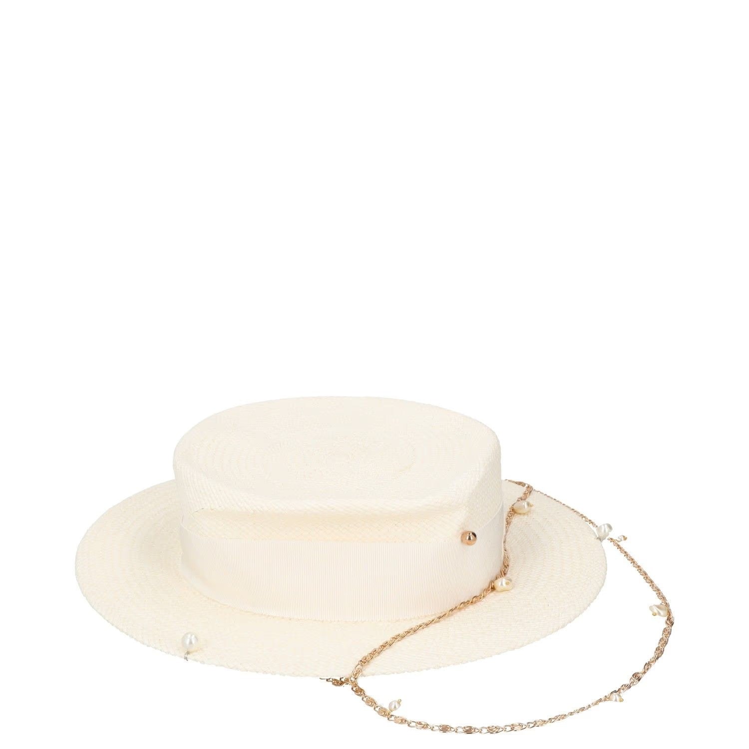 RUSLAN BAGINSKIY Womens Straw Boater Hat White Chain Buttn Size S RRP 430