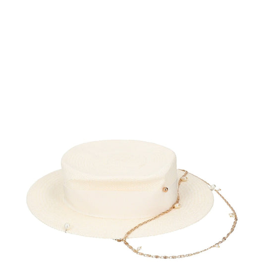 RUSLAN BAGINSKIY Womens Straw Boater Hat White Chain Buttn Size S RRP 430