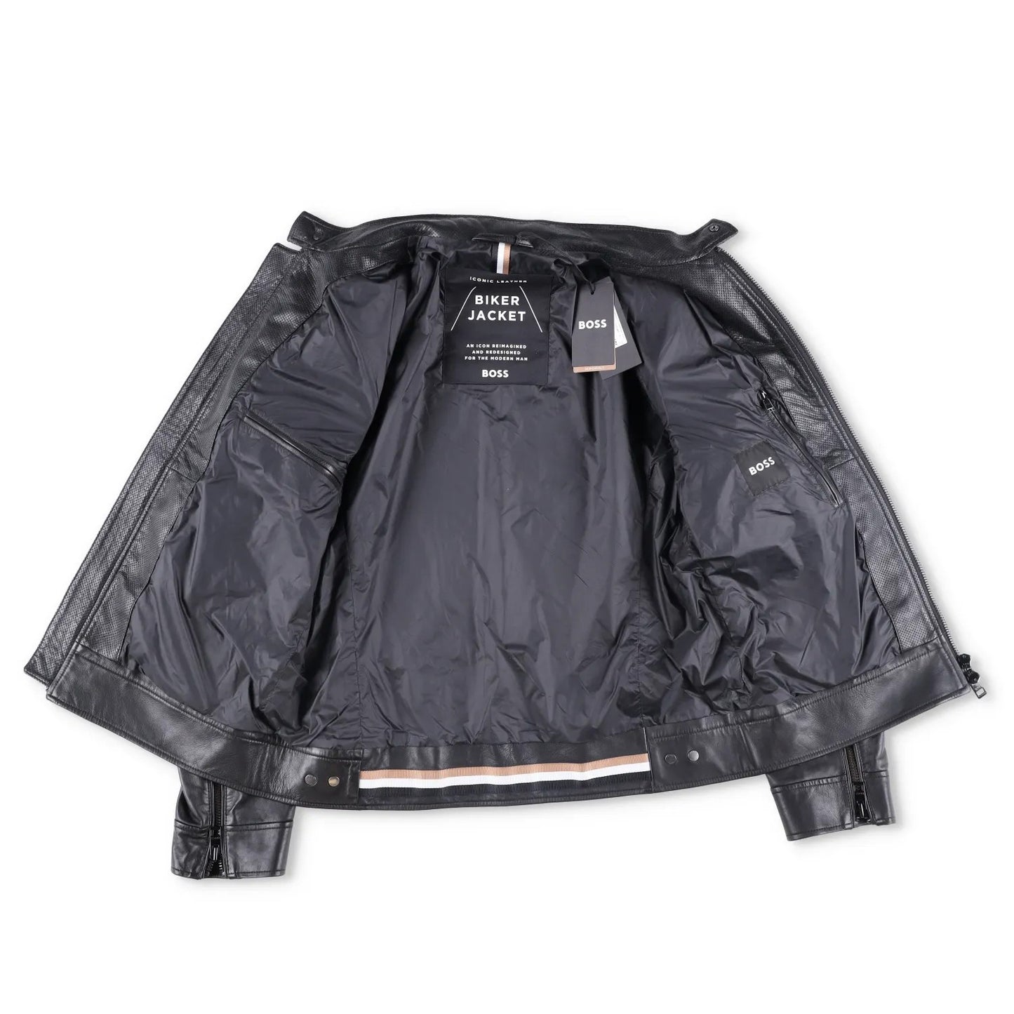 BOSS Mens Leather Biker Jacket Black Zip Closure Stand-Up Collar Size 52 RRP 450 — View 8