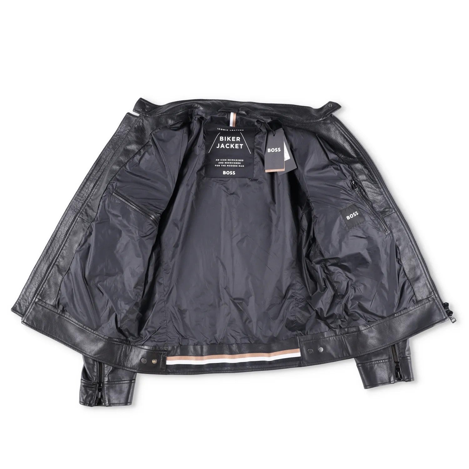 BOSS Mens Leather Biker Jacket Black Zip Closure Stand-Up Collar Size 52 RRP 450 — View 8