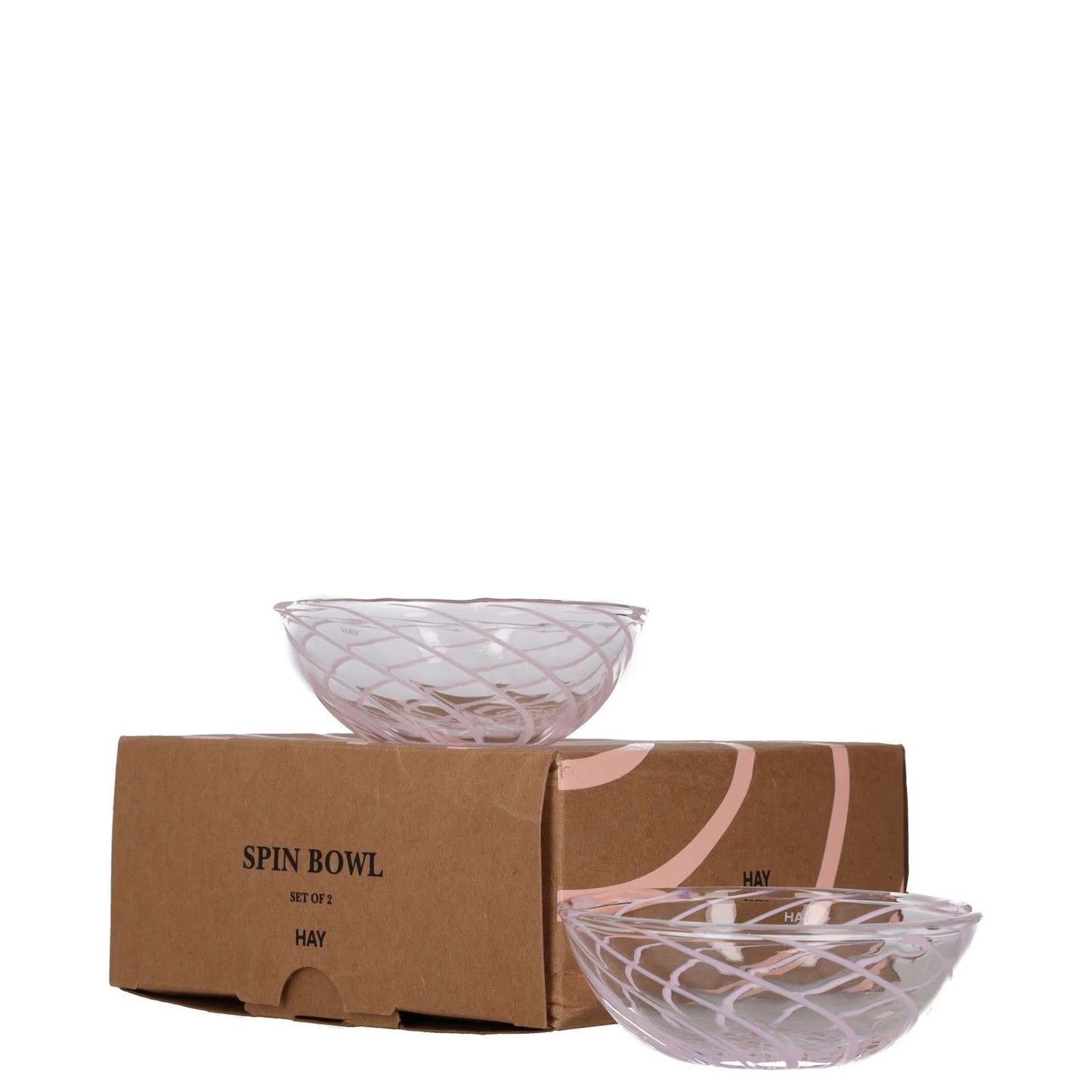 HAY Pink Glass Bowl Set Swirl Pattern Smooth Finish Modern Dining RRP 60
