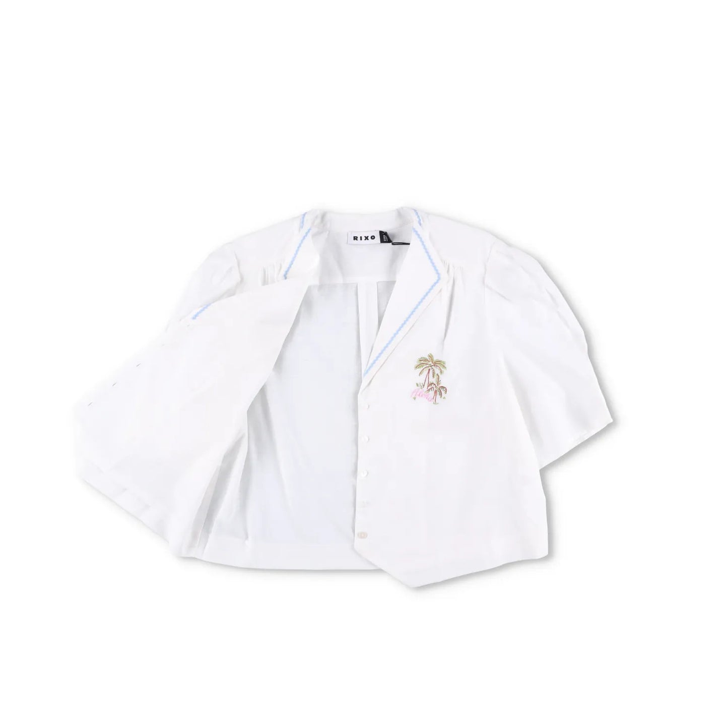 RIXO Womens Ravello Blouse Collared Palm Embroidered Short Puff Sleeve 14 RRP175 — View 5