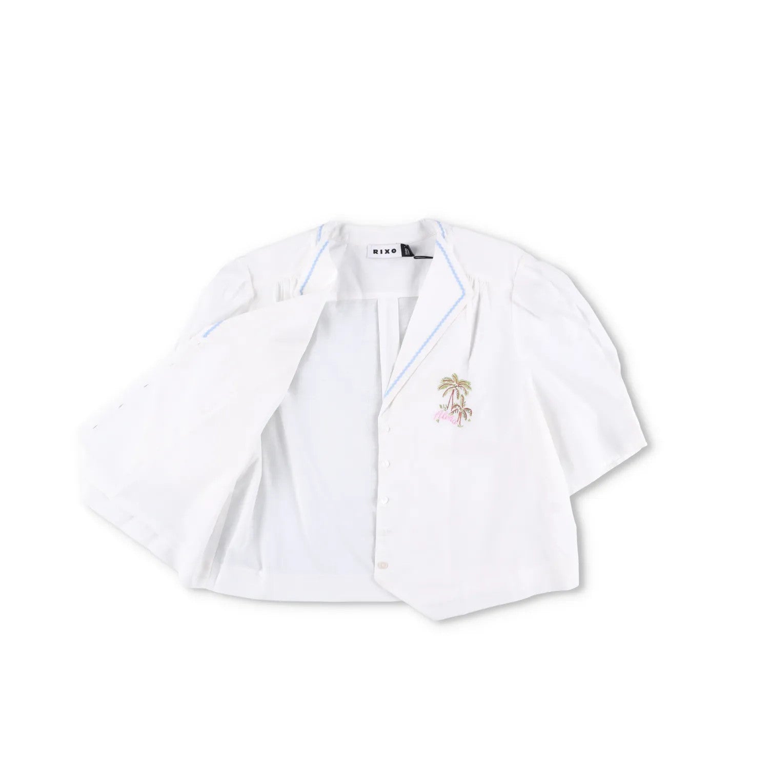 RIXO Womens Ravello Blouse Collared Palm Embroidered Short Puff Sleeve 14 RRP175 — View 5