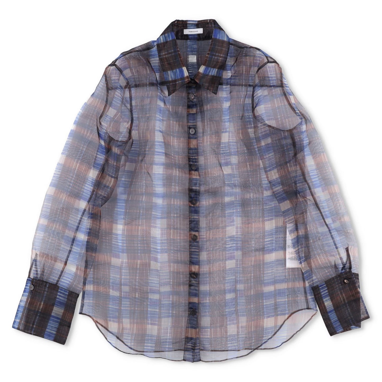 SALVATORE FERRAGAMO Women Sheer Shirt Long Sleeve Check Button Brown 40 RRP1150