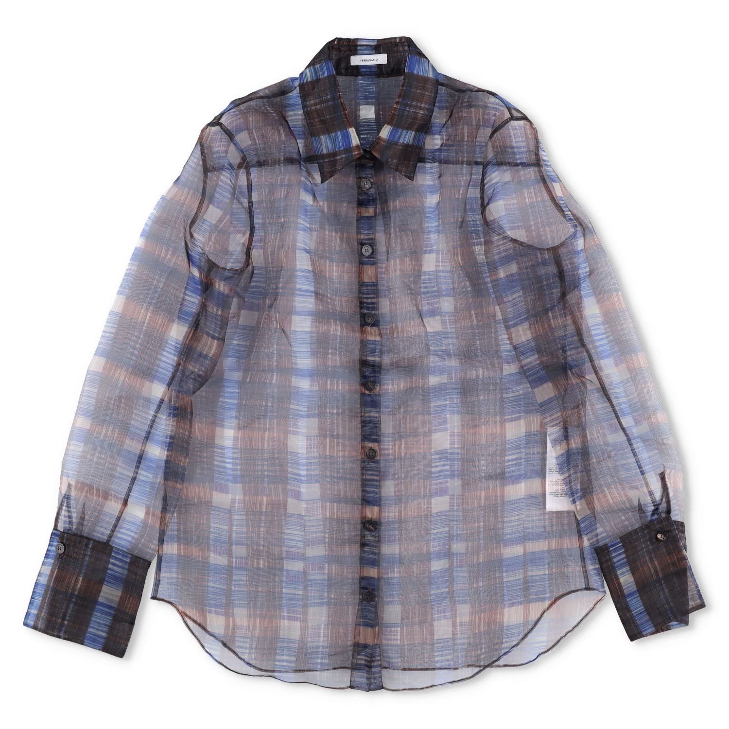 SALVATORE FERRAGAMO Women Sheer Shirt Long Sleeve Check Button Brown 40 RRP1150