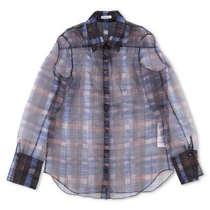 SALVATORE FERRAGAMO Women Sheer Shirt Long Sleeve Check Button Brown 40 RRP1150