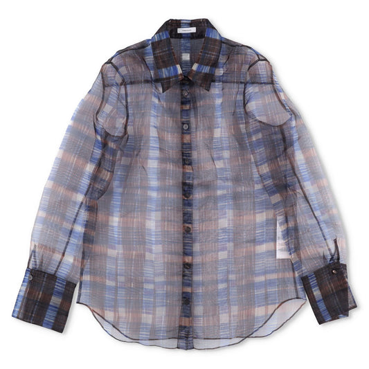 SALVATORE FERRAGAMO Women Sheer Shirt Long Sleeve Check Button Brown 40 RRP1150