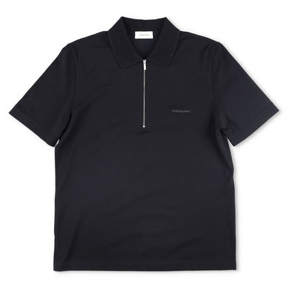 SALVATORE FERRAGAMO Men Polo Shirt Piquet Jersey Short Sleeve Zip Black S RRP443