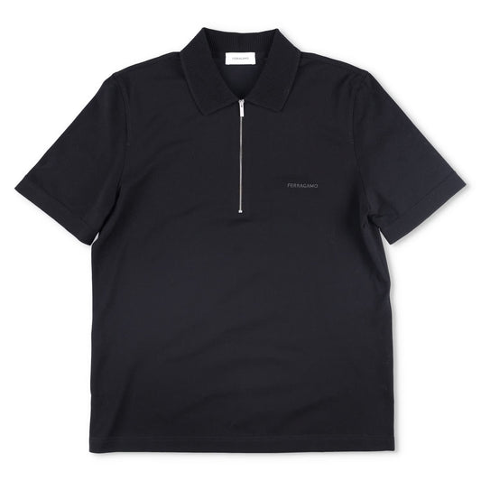 SALVATORE FERRAGAMO Men Polo Shirt Piquet Jersey Short Sleeve Zip Black S RRP443