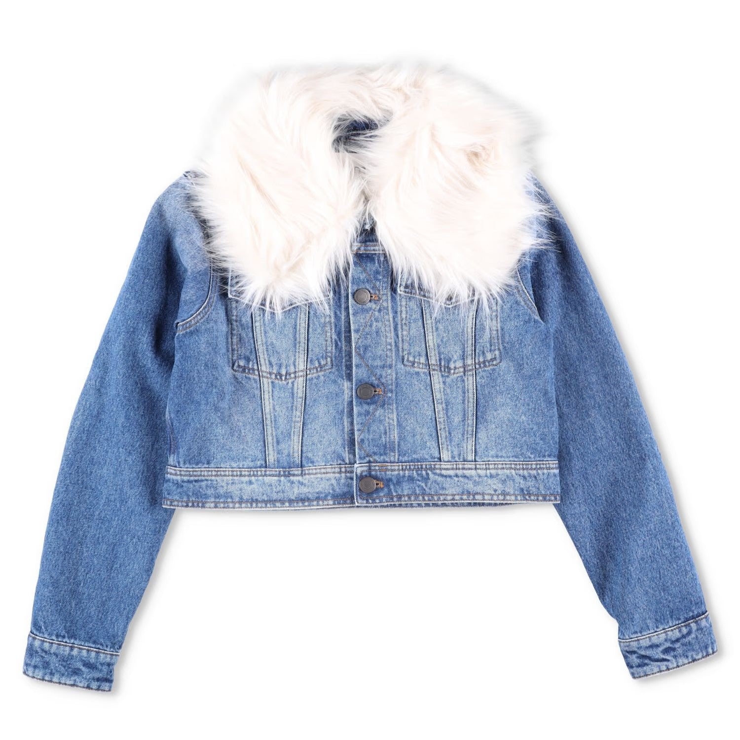 AMI Womens Denim Jacket Faux Fur Collar Cropped Blue Long Sleeve Size L RRP 365