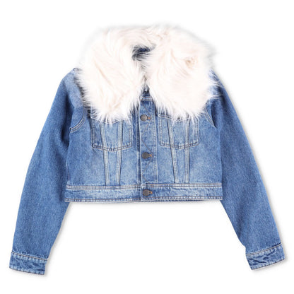 AMI Womens Denim Jacket Faux Fur Collar Cropped Blue Long Sleeve Size L RRP 365