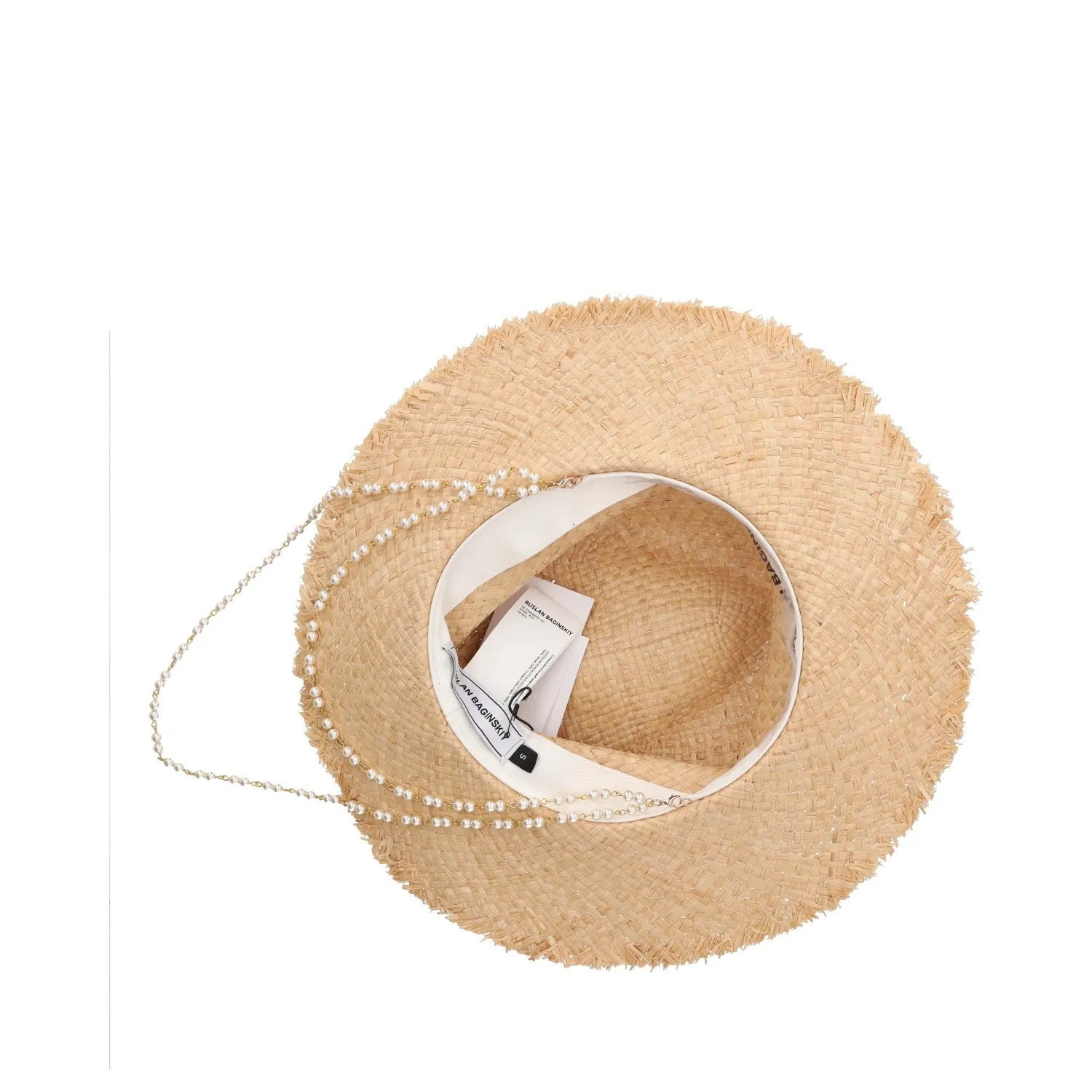 RUSLAN BAGINSKIY Womens Pearl Chain Frayed Fedora Hat Straw Beige Size S RRP 360 — View 8