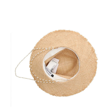 RUSLAN BAGINSKIY Womens Pearl Chain Frayed Fedora Hat Straw Beige Size S RRP 360 — View 8