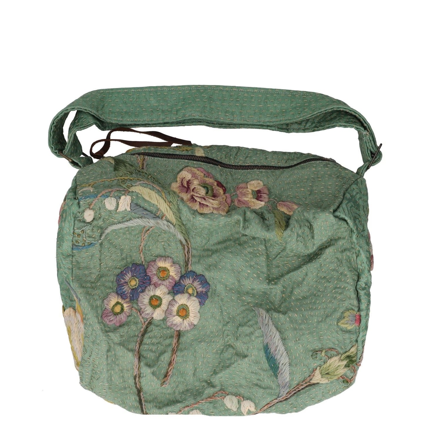 BY WALID Womens Shoulder Bag Green Silk Floral Embroidery Zipper Size L RRP 450