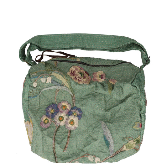 BY WALID Womens Shoulder Bag Green Silk Floral Embroidery Zipper Size L RRP 450