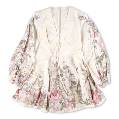 ZIMMERMANN Womens Waverly La Plunge Floral Print Mini Dress Cream UK10 RRP 775