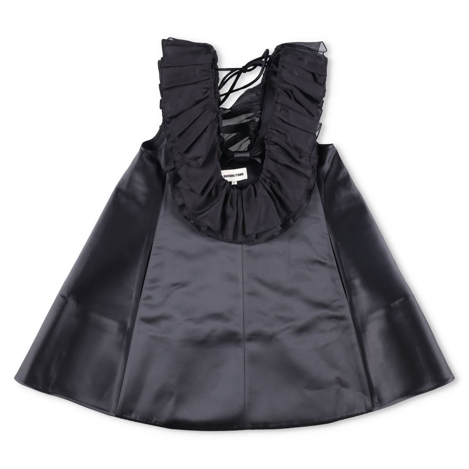 Shushu-Tong Womens Dress Mini Black Satin Ruffle Tie Sleeveless Round 6 RRP 800