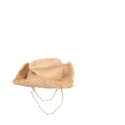 RUSLAN BAGINSKIY Womens Pearl Chain Frayed Fedora Hat Beige Neutrals M RRP 360 — View 2