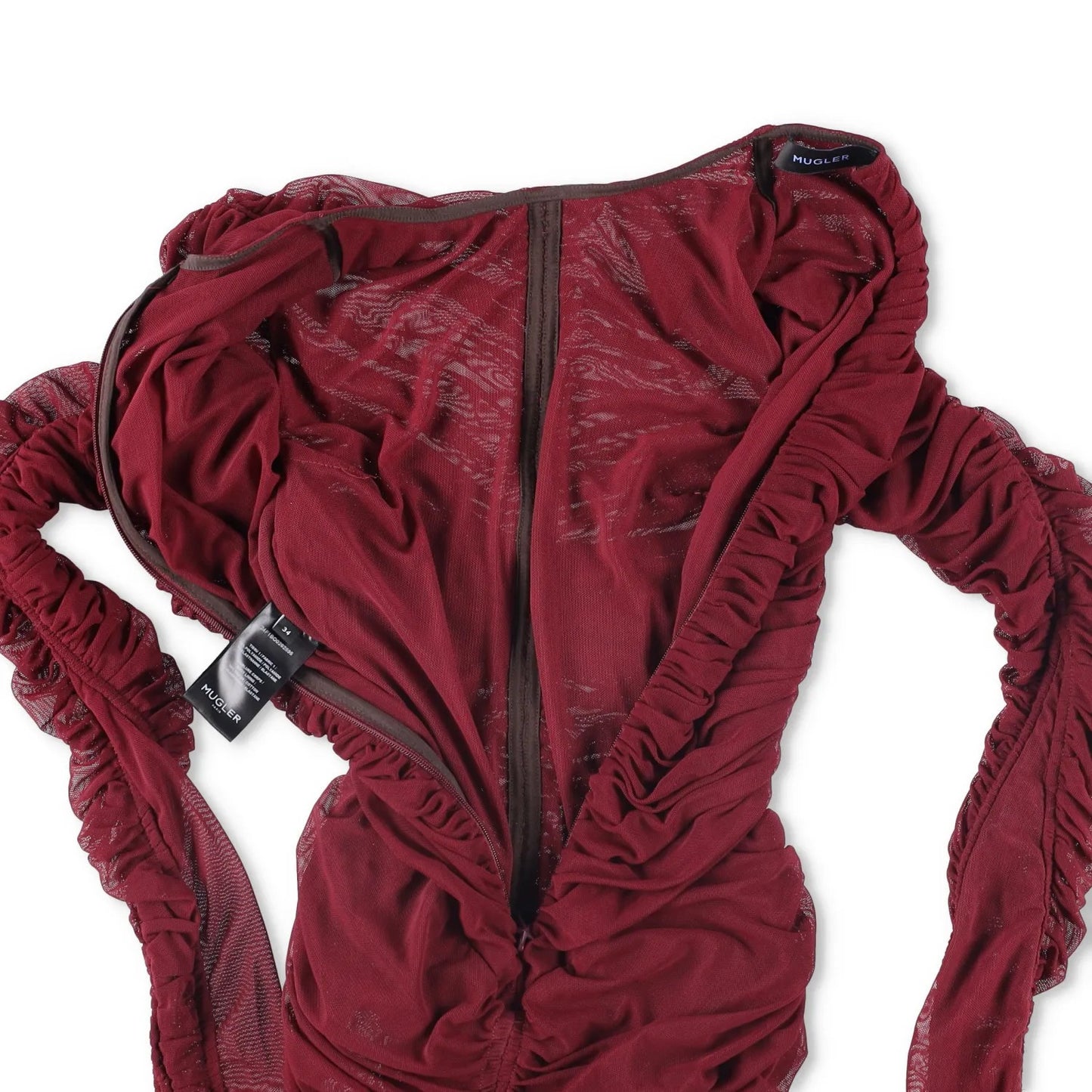 MUGLER Womens Bodysuit Crew Neck Long Sleeve Red Mesh Sheer Ruched 34 RRP 425 — View 7