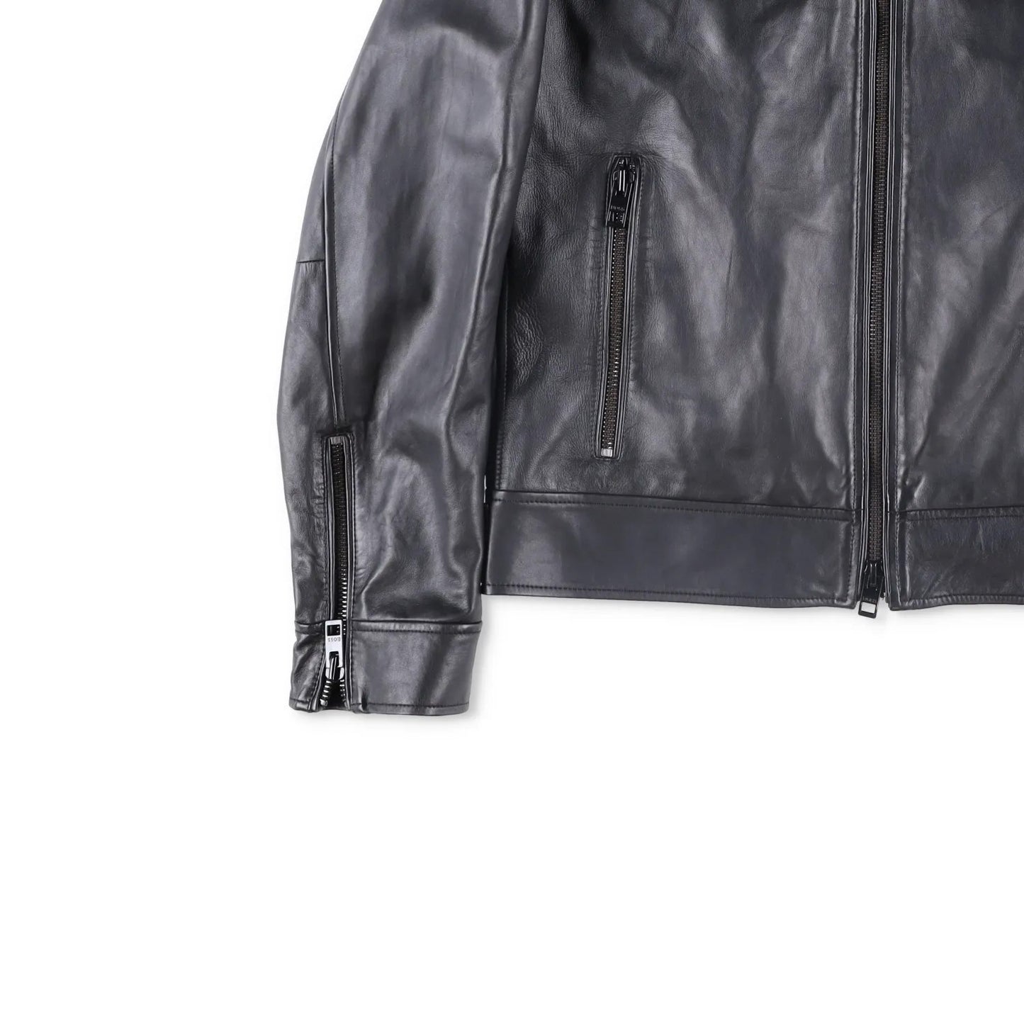BOSS Mens Leather Biker Jacket Black Zip Closure Stand-Up Collar Size 52 RRP 450 — View 3