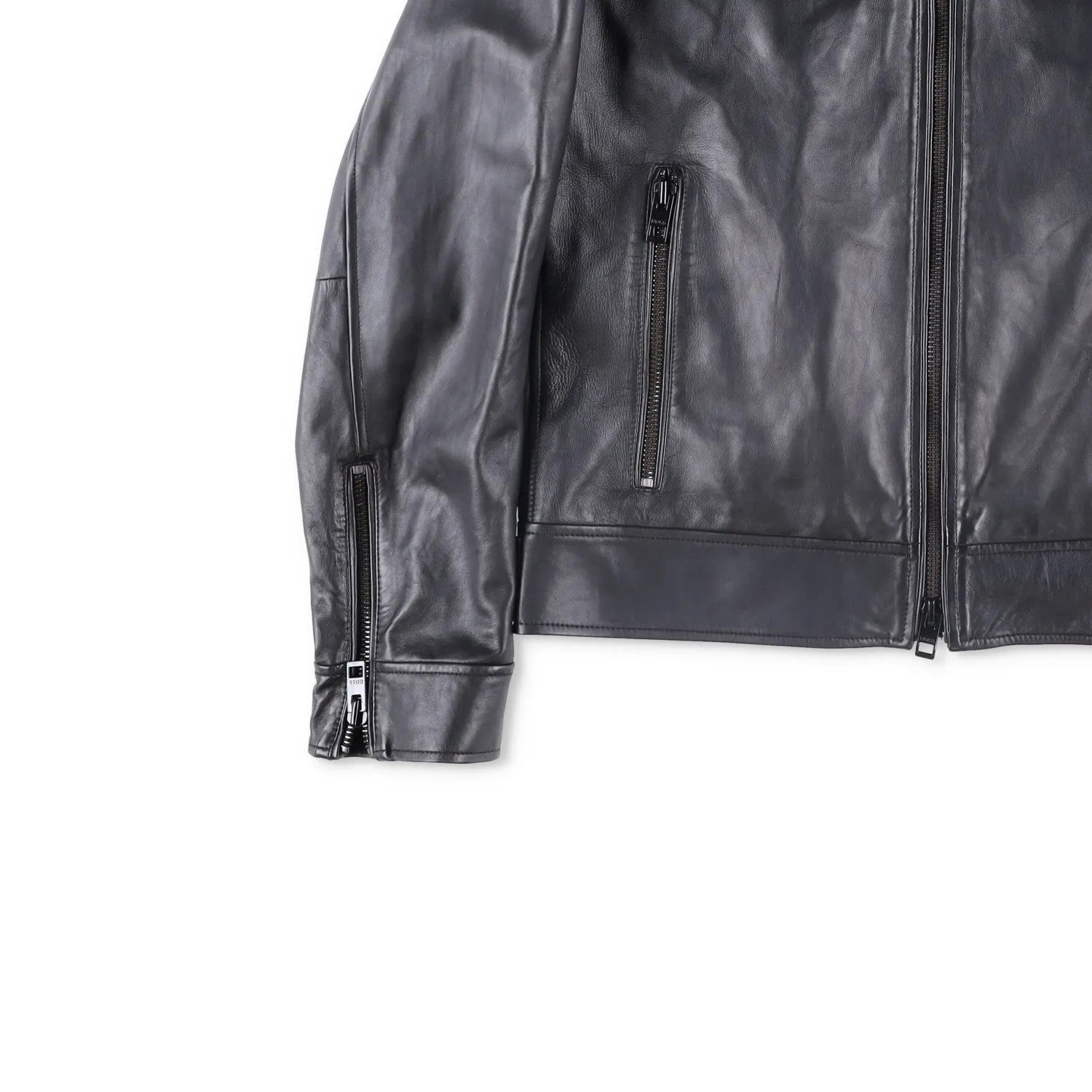 BOSS Mens Leather Biker Jacket Black Zip Closure Stand-Up Collar Size 52 RRP 450 — View 3