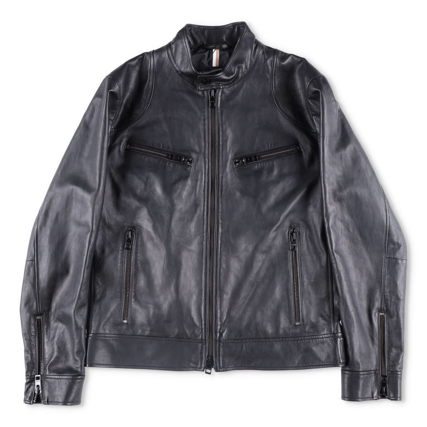 BOSS Mens Leather Biker Jacket Black Zip Closure Stand-Up Collar Size 52 RRP 450