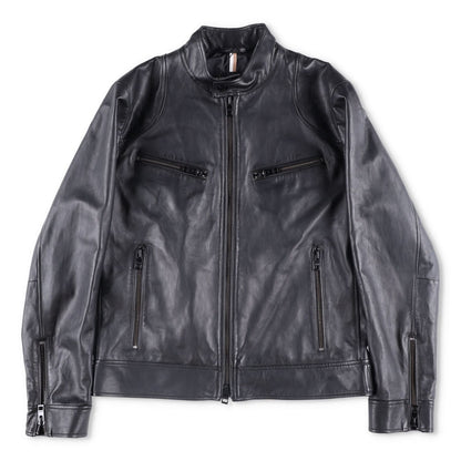 BOSS Mens Leather Biker Jacket Black Zip Closure Stand-Up Collar Size 52 RRP 450