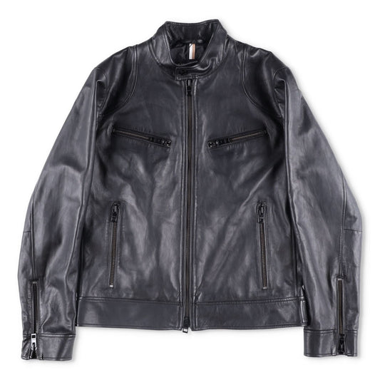 BOSS Mens Leather Biker Jacket Black Zip Closure Stand-Up Collar Size 52 RRP 450