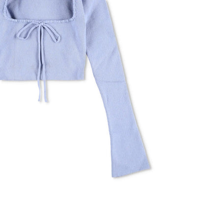 DANIELLE GUIZIO Women Bow Knit Sweater Long Flared Sleeve Cropped Blue XS RRP195 — View 4