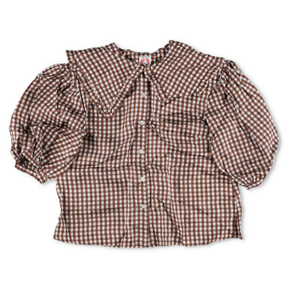SHRIMPS Womens Silk Blouse Brown Check Collared Puff Sleeve Button Up 8 RRP 500