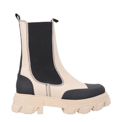 GANNI Womens Mid Calf Cowboy Boot Vegan Leather Beige Black Cleated UK 7 RRP 375