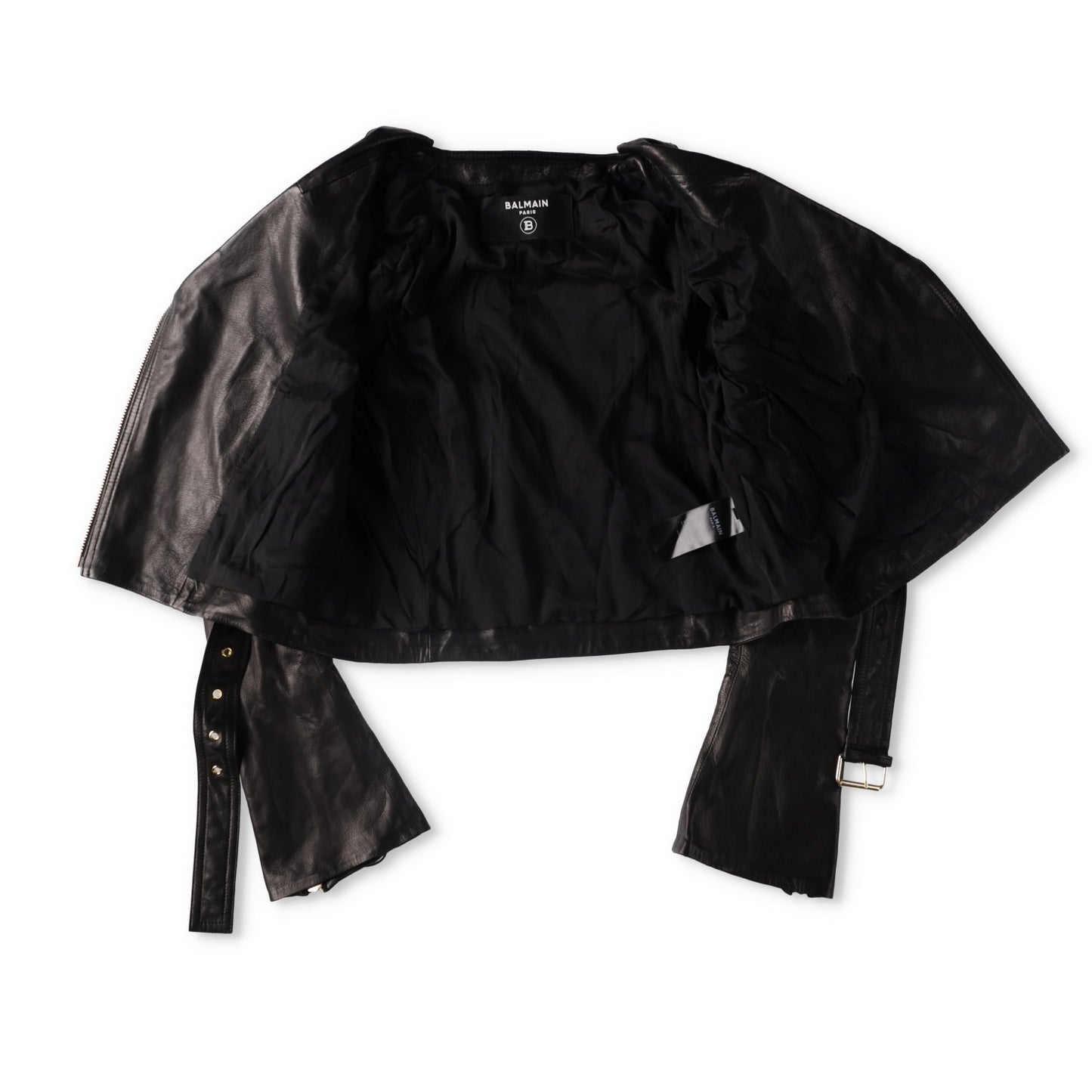 BALMAIN Womens Leather Cropped Biker Jacket Zippers Black Designer RRP3000 — View 9