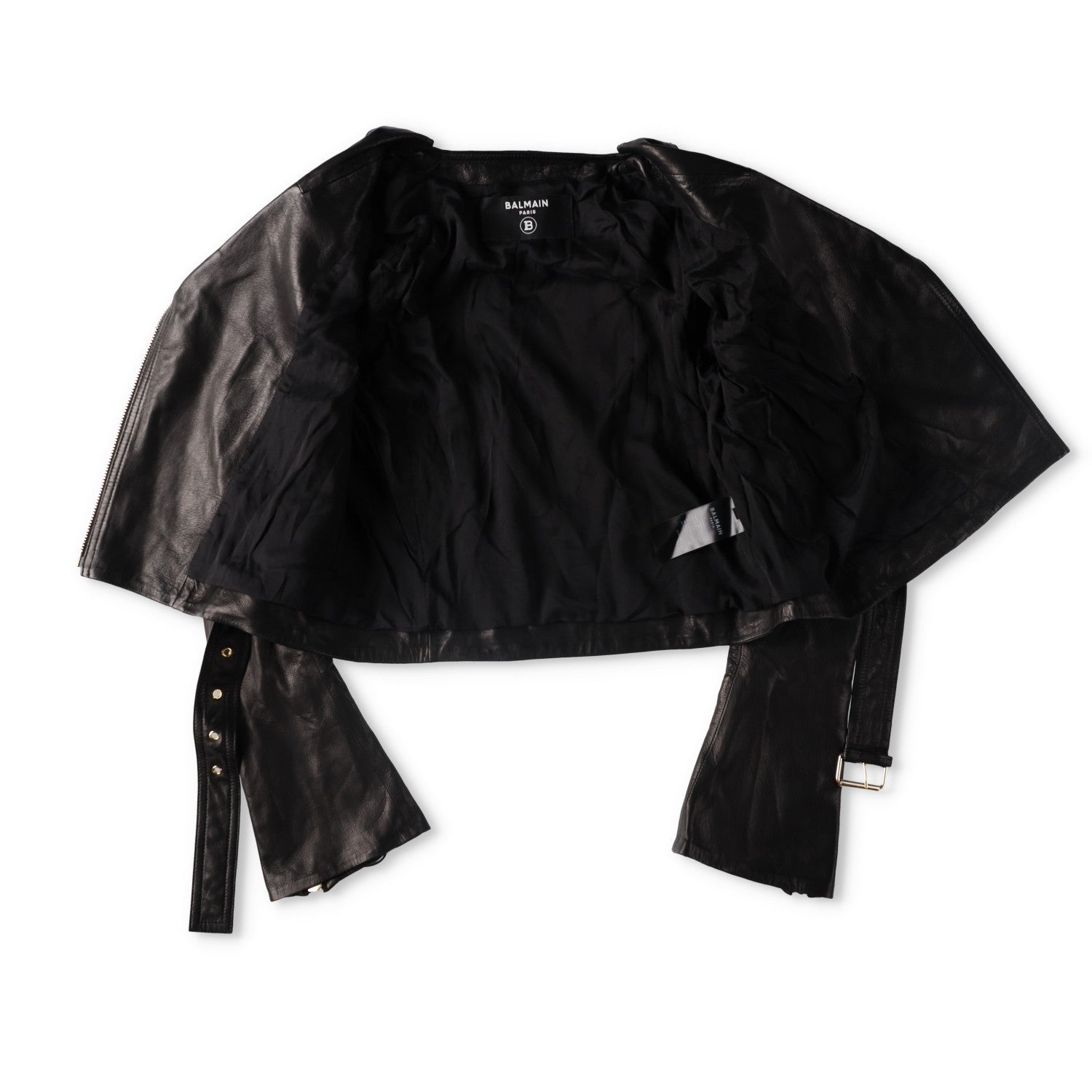 BALMAIN Womens Leather Cropped Biker Jacket Zippers Black Designer RRP3000 — View 9