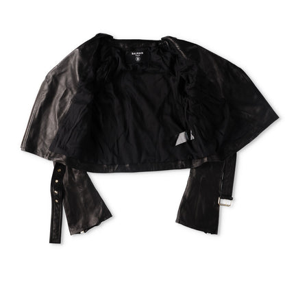 BALMAIN Womens Leather Cropped Biker Jacket Zippers Black Designer RRP3000 — View 9