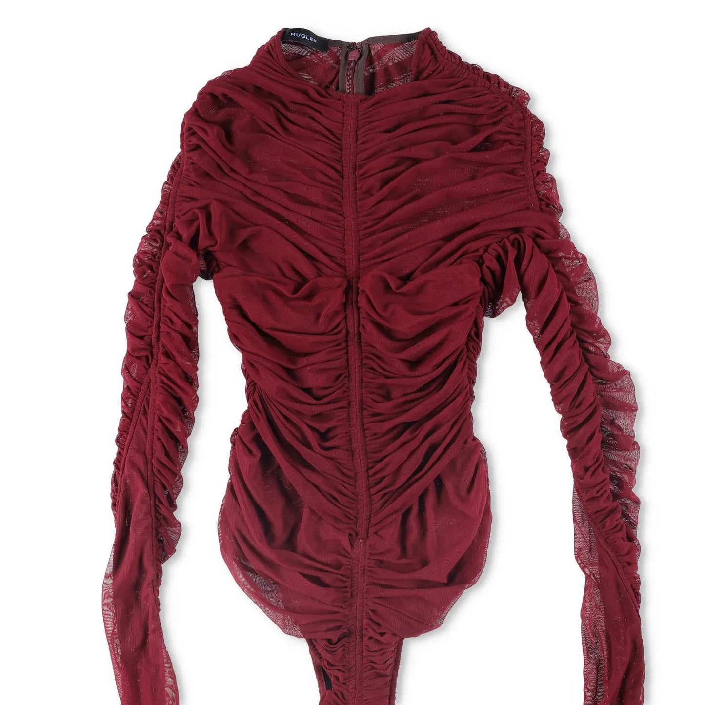 MUGLER Womens Bodysuit Crew Neck Long Sleeve Red Mesh Sheer Ruched 34 RRP 425 — View 3