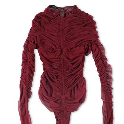 MUGLER Womens Bodysuit Crew Neck Long Sleeve Red Mesh Sheer Ruched 34 RRP 425 — View 3