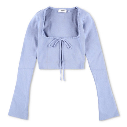 DANIELLE GUIZIO Womens Bow Knit Sweater Long Flared Sleeve Cropped Blue L RRP195