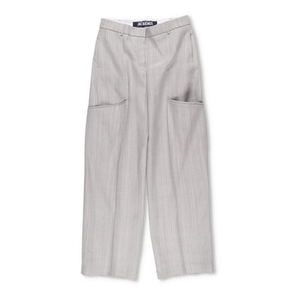 JACQUEMUS Womens Wide Leg Trousers Grey Silk Blend Pockets Size 40 RRP 300
