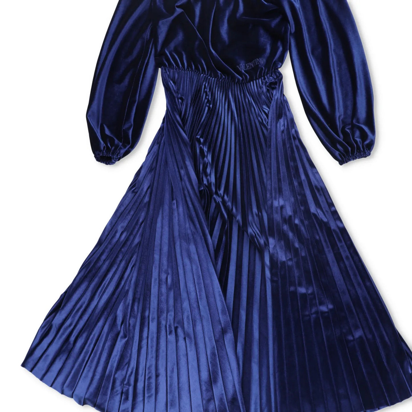Valentino Womens Midi Dress Blue Velvet Pleated Long Balloon Sleeve XS RRP 1800 — View 4