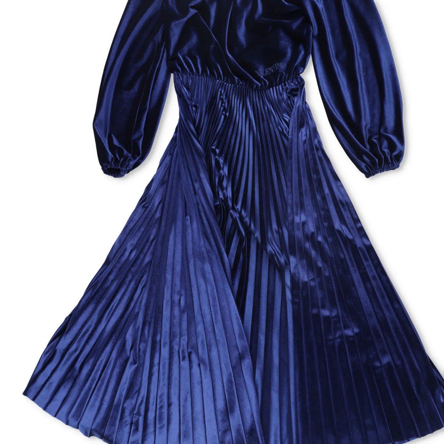 Valentino Womens Midi Dress Blue Velvet Pleated Long Balloon Sleeve XS RRP 1800 — View 4