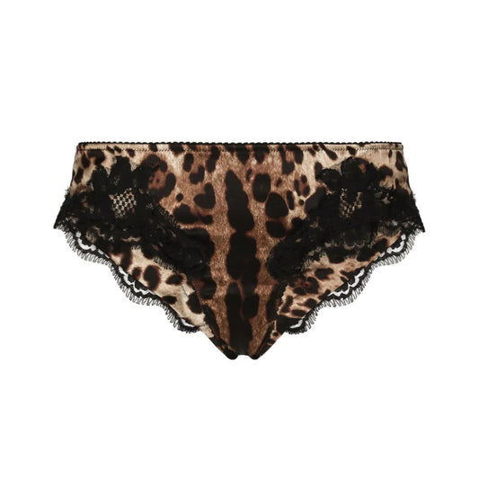 DOLCE & GABBANA Womens Brief Leopard Print Lace Inserts Knickers Brown XS RRP235